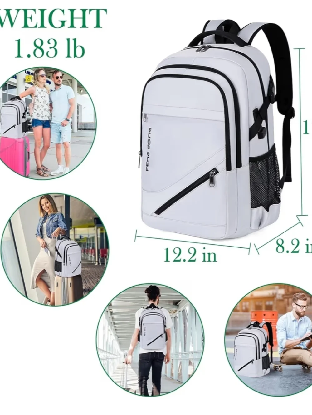 Feng Dong Light Silver Large Travel & Laptop Backpack, New.